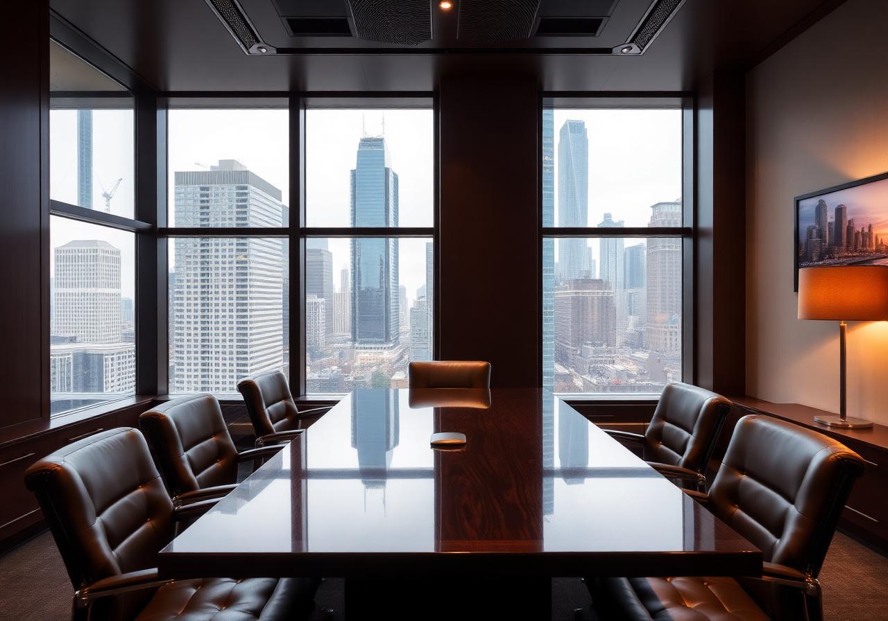 Downtown Chicago Loop law firm conference room overlooking 60606 skyline