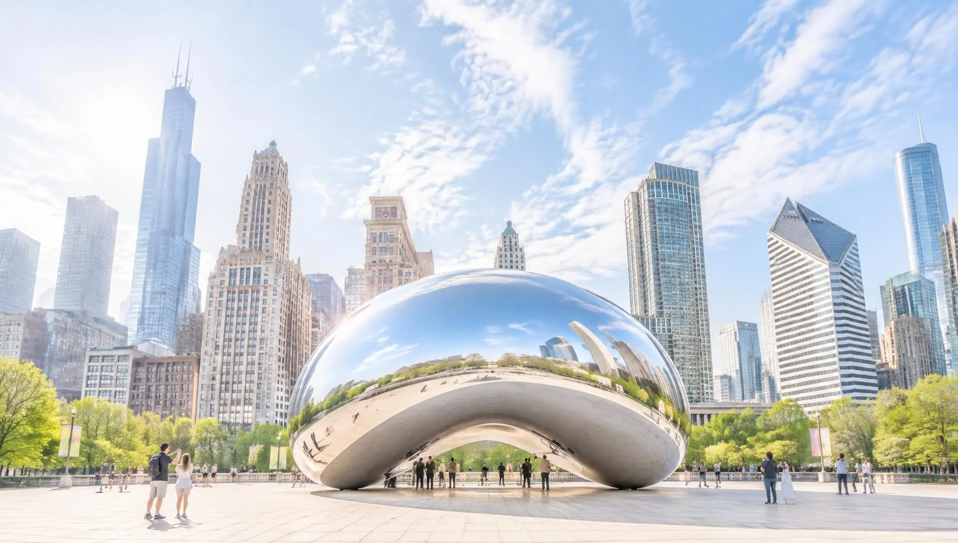 Chicago skyline with Cloud Gate on a clear day