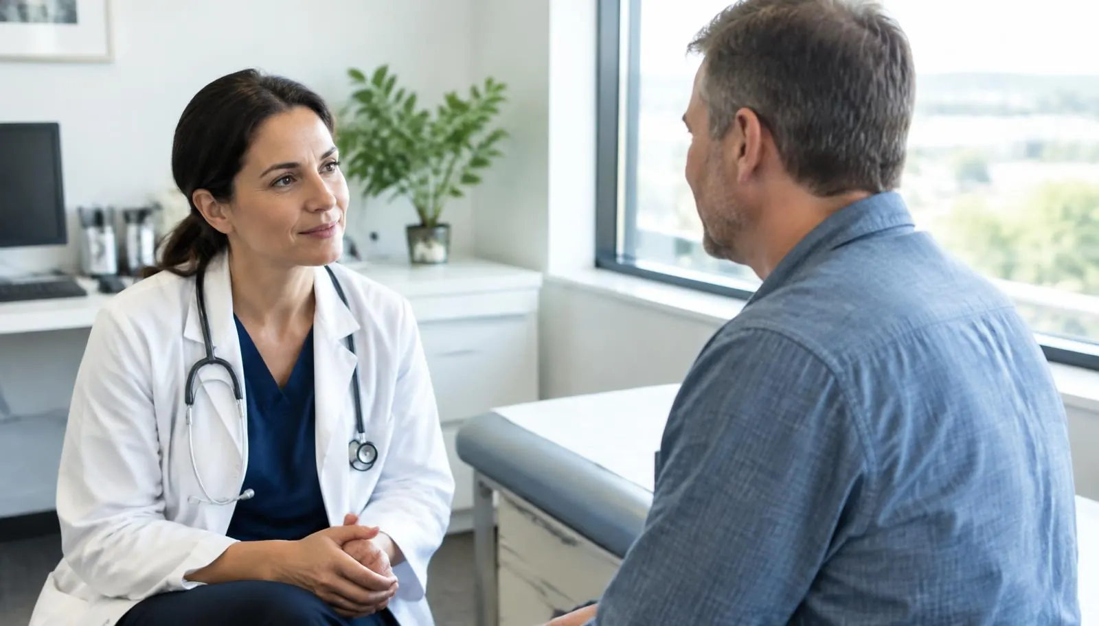 Provider talking with a patient in an exam room