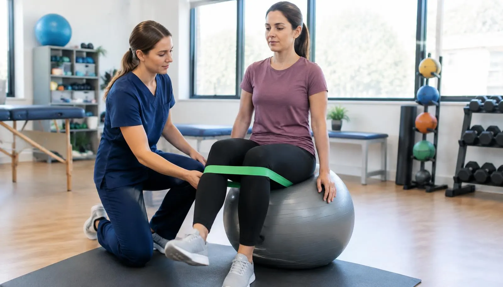 Physical therapist guiding a patient through a knee exercise